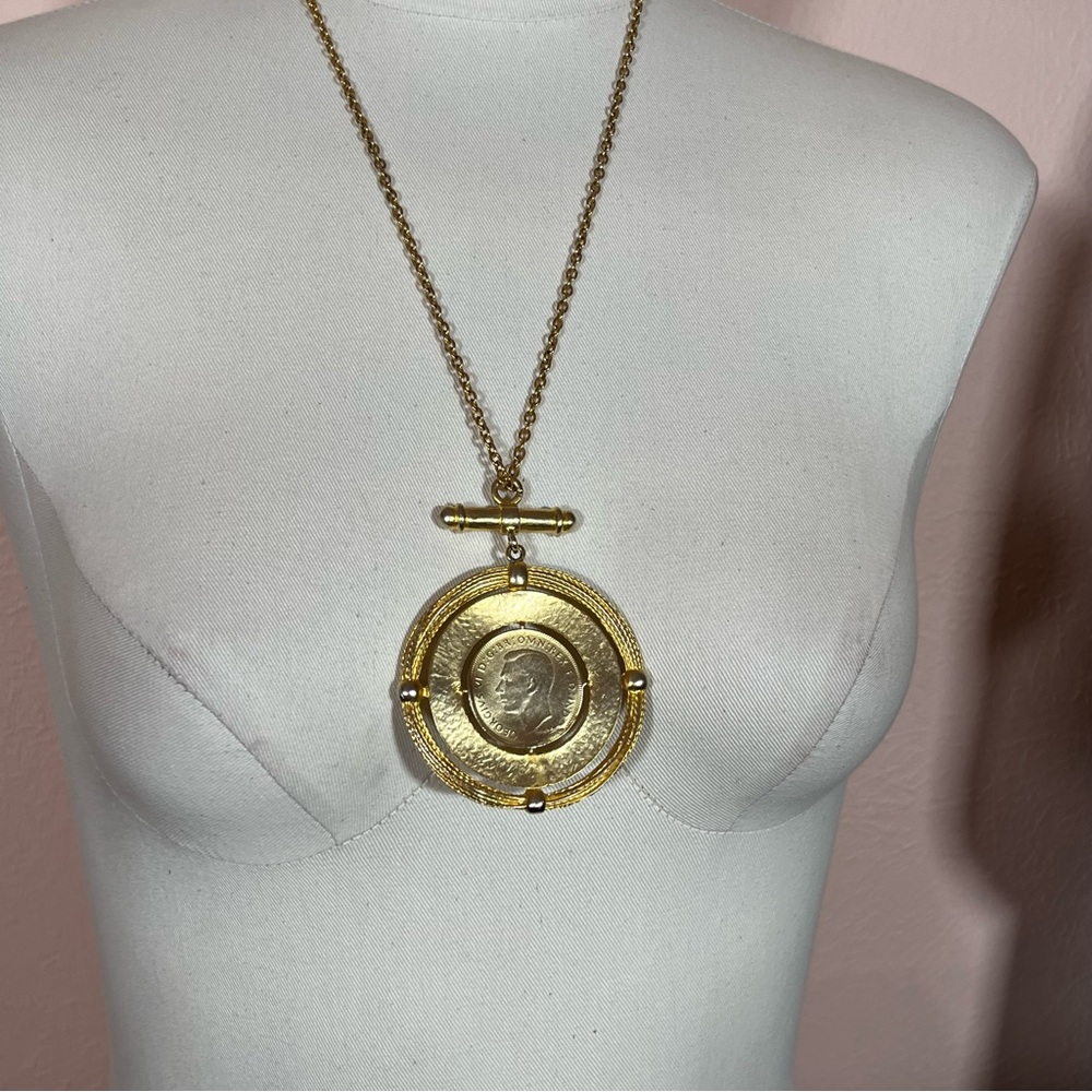 Vintage 1990 Matte Gold Byzantine Coin Oversized Mobwife Necklace Long 24 inch